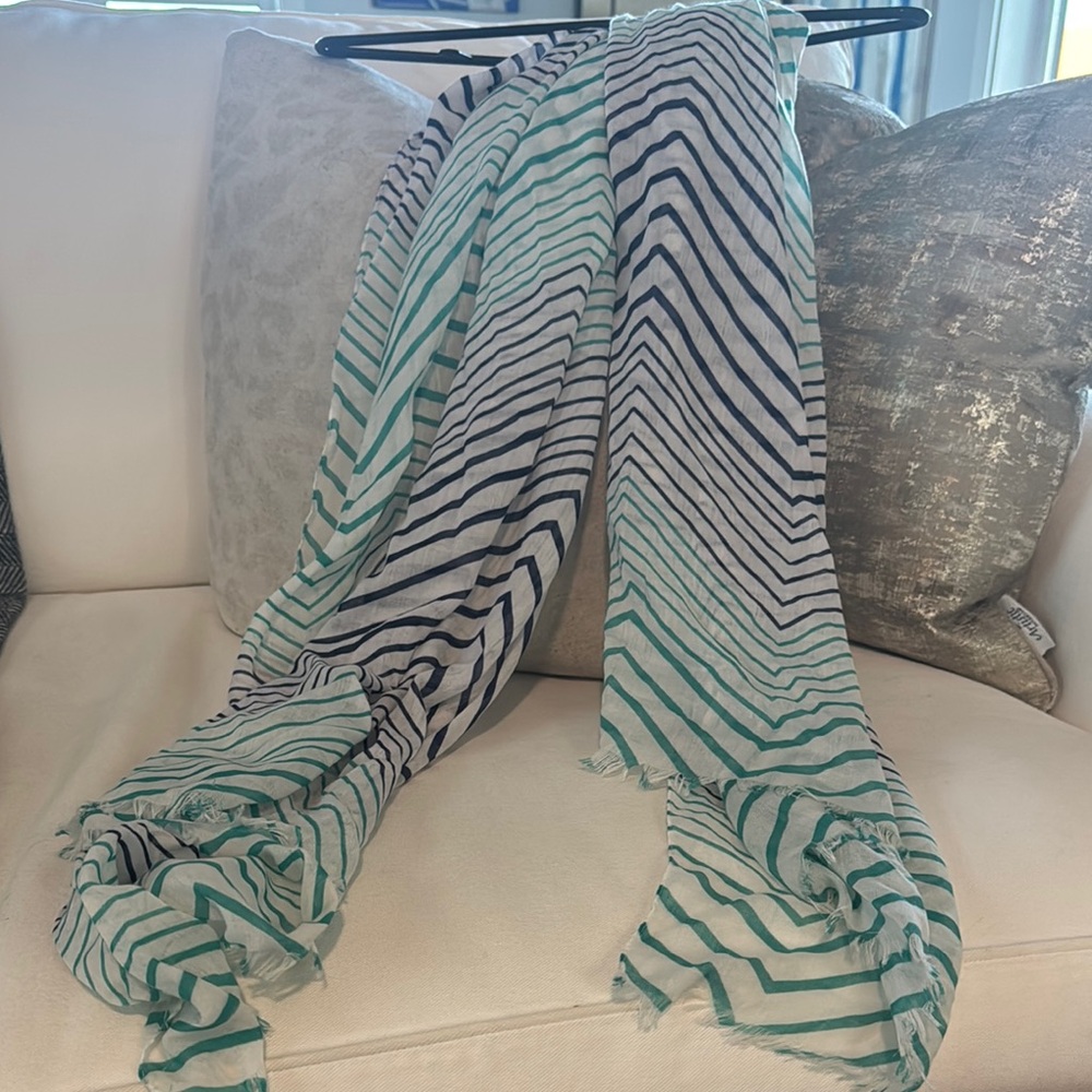Teal, navy & white striped scarf.